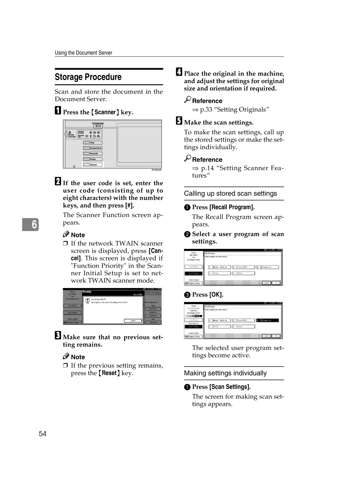 Lanier 5622, 5627 manual Storage Procedure, Calling up stored scan settings, Making settings individually 