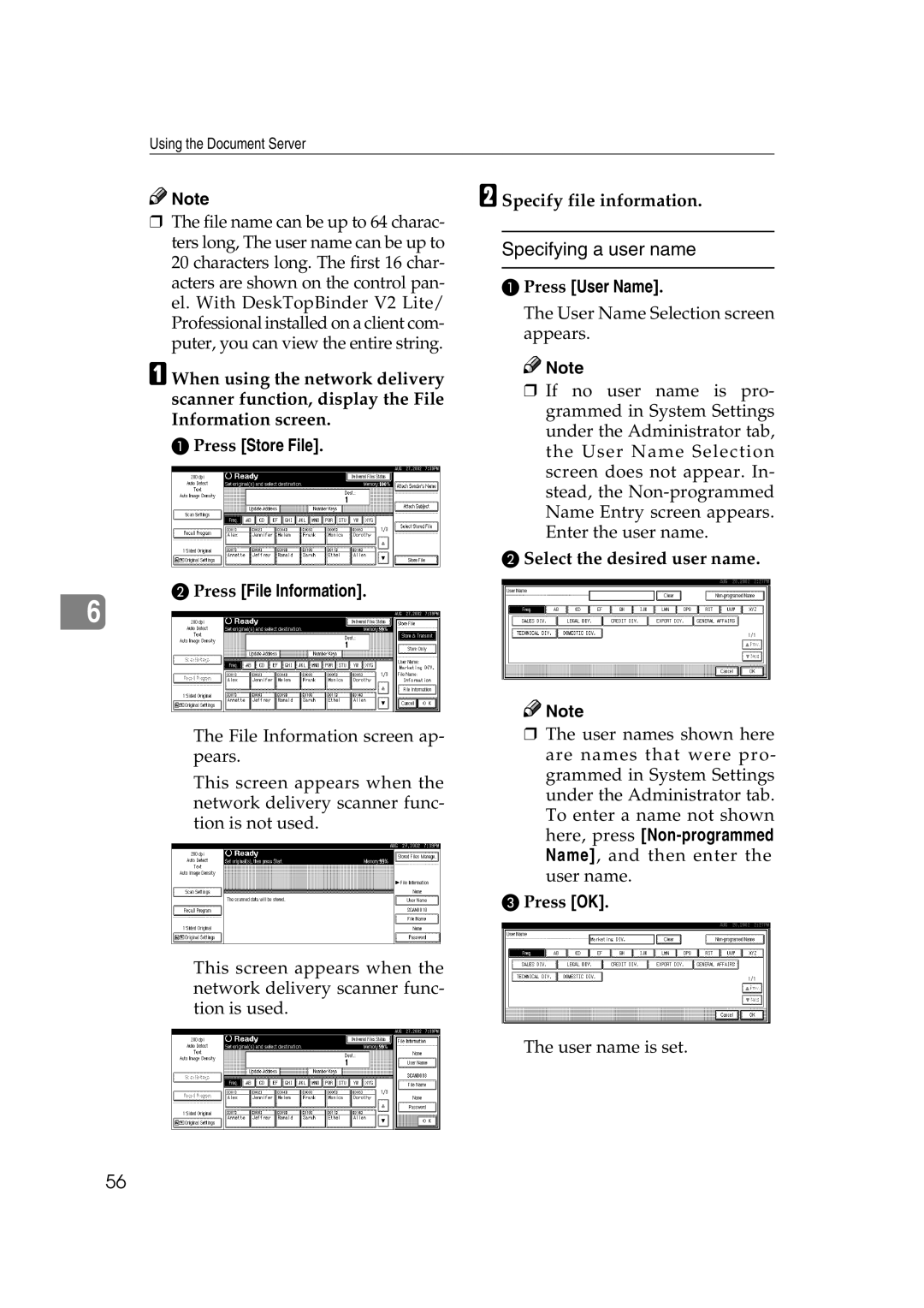 Lanier 5622 Specifying a user name, Press Store File Press File Information, Press User Name, Select the desired user name 