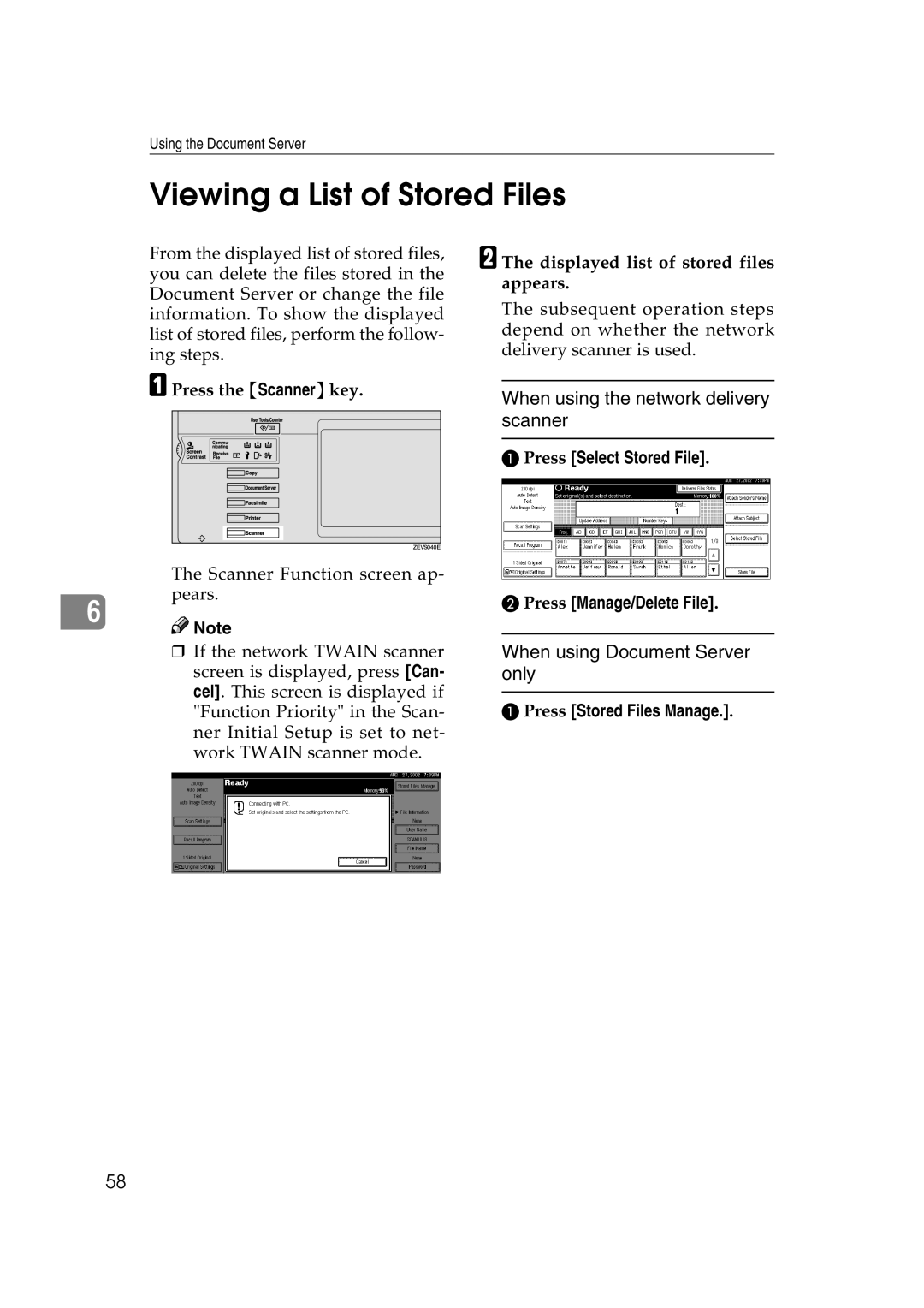 Lanier 5622, 5627 Viewing a List of Stored Files, When using the network delivery scanner, When using Document Server only 