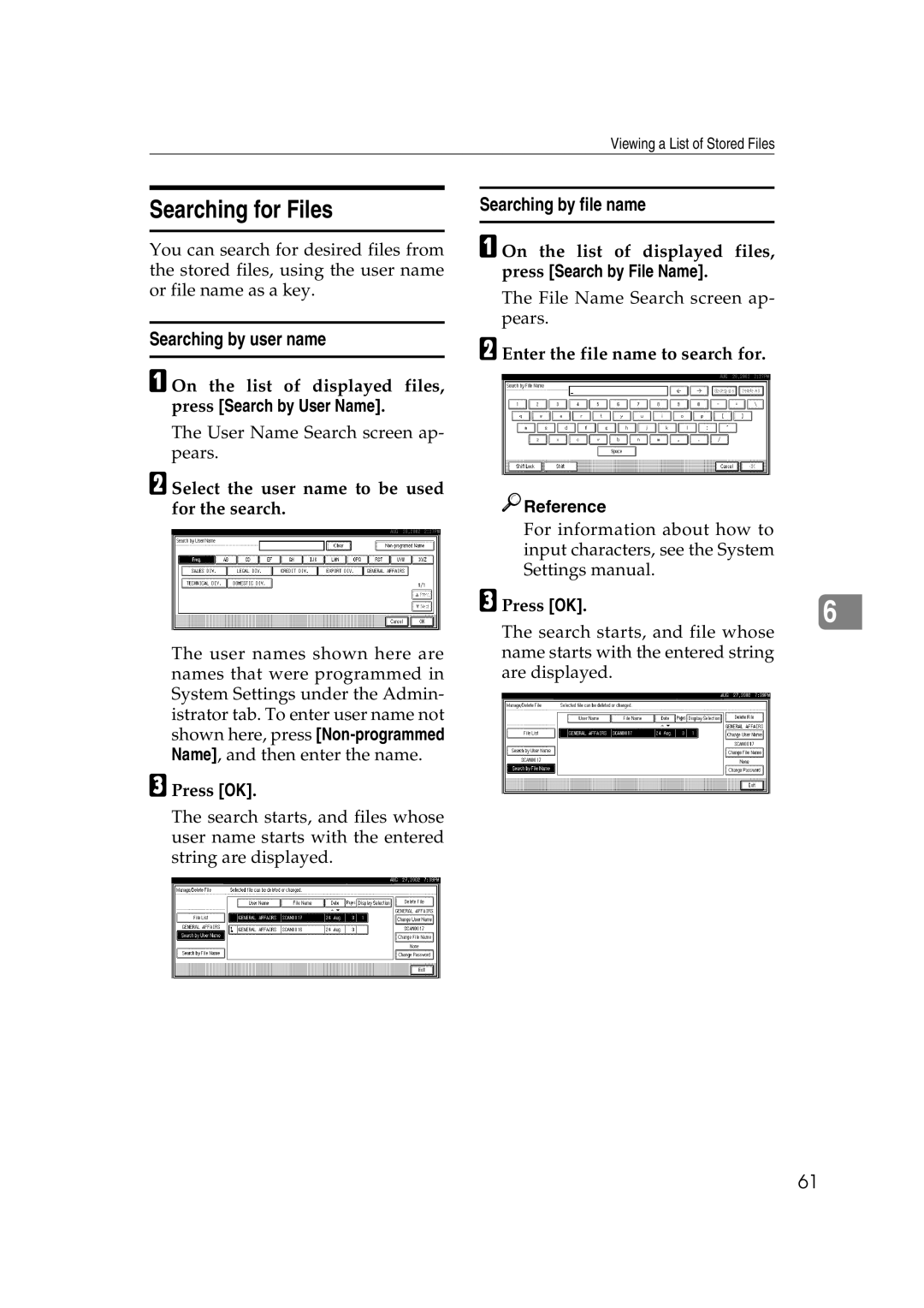 Lanier 5627, 5622 manual Searching for Files, Searching by file name, Searching by user name 