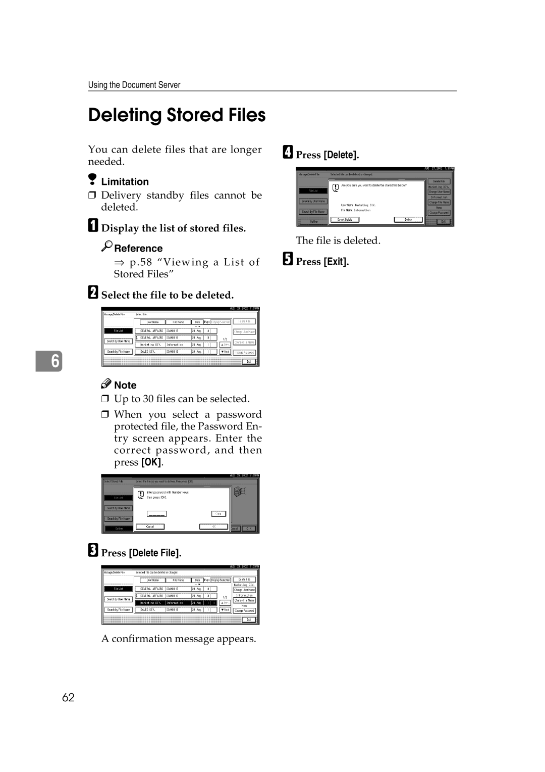 Lanier 5622, 5627 manual Deleting Stored Files, Select the file to be deleted, Press Delete File 