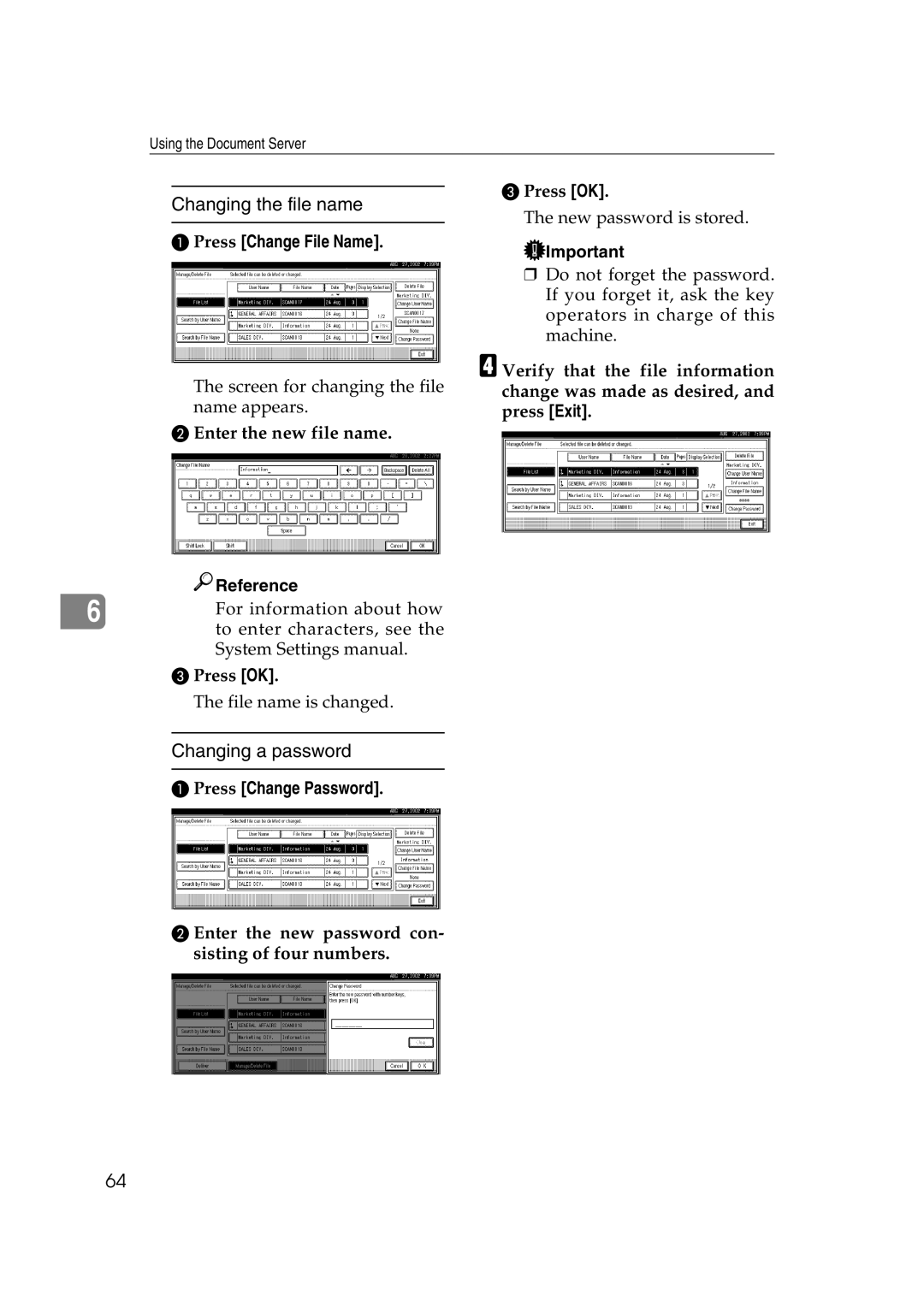 Lanier 5622, 5627 manual Changing the file name, Changing a password, Press Change File Name, Press Change Password 