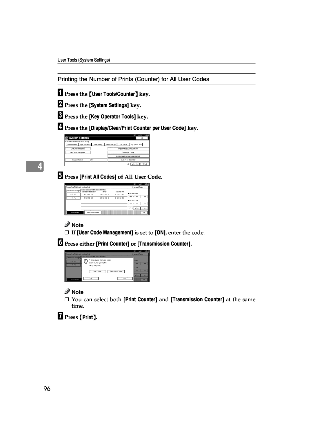 Lanier 5627 AG, 5622 AG Printing the Number of Prints Counter for All User Codes, E Press Print All Codes of All User Code 