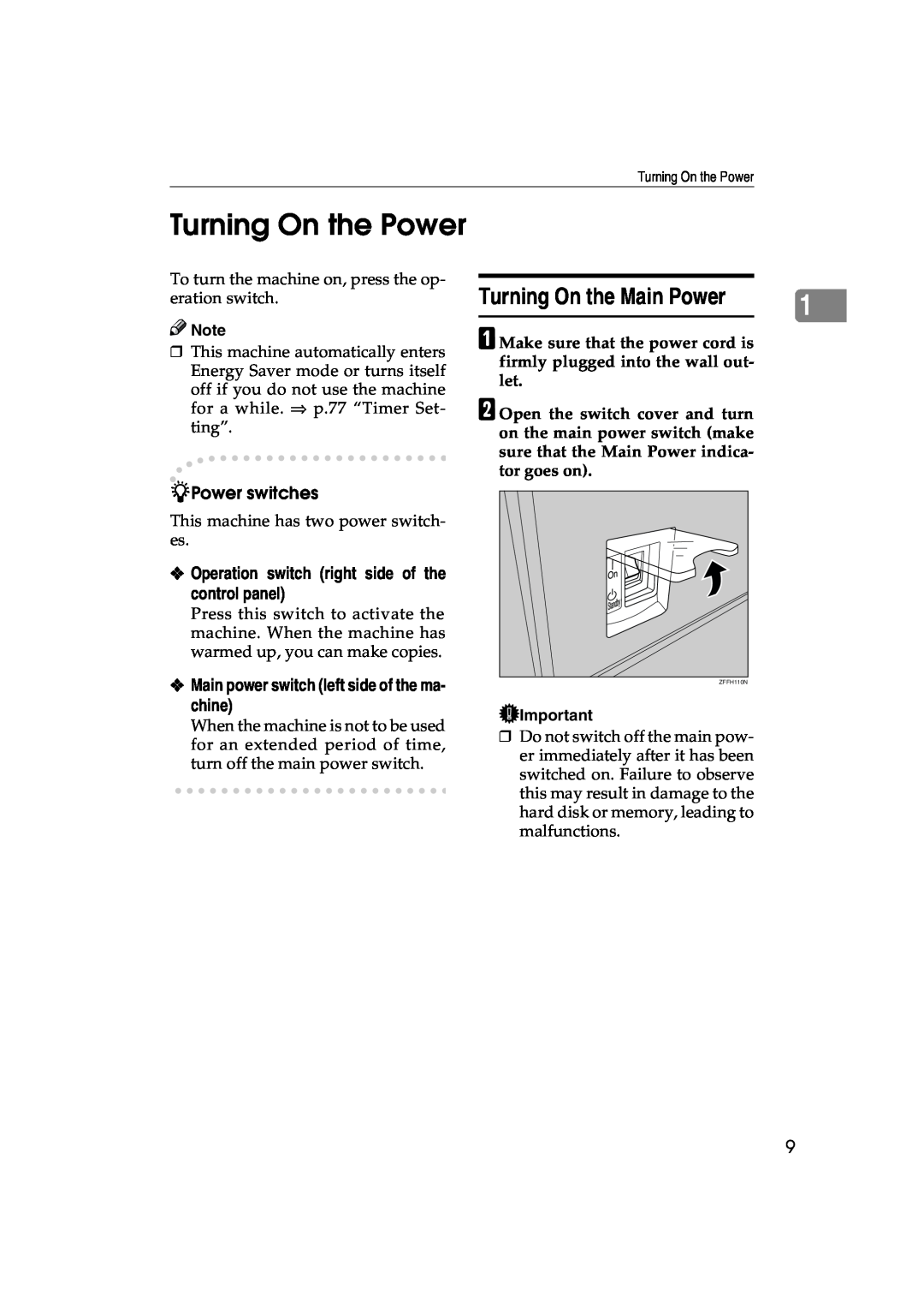 Lanier 5622 AG, 5627 AG manual Turning On the Power, Turning On the Main Power, Power switches 