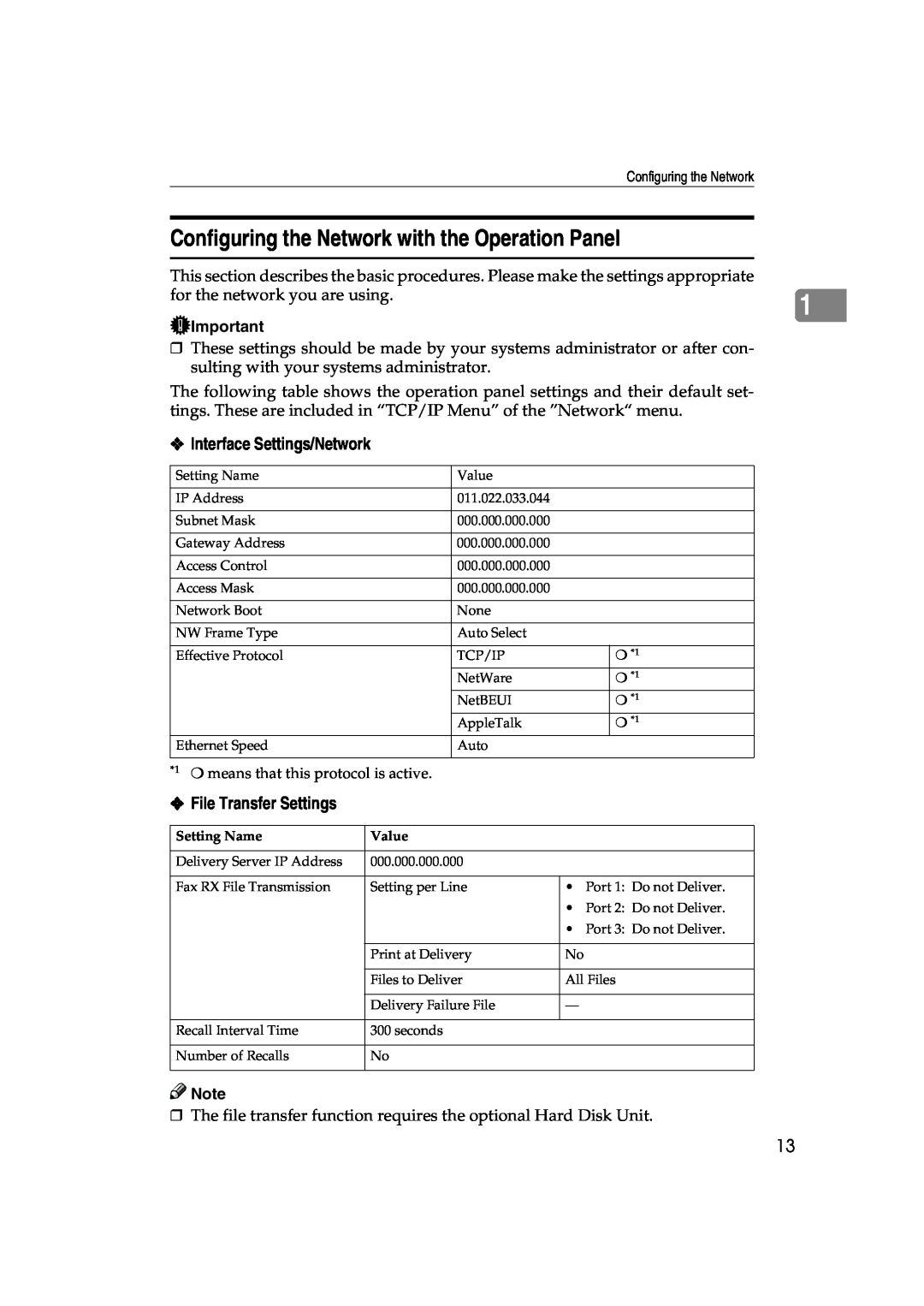 Lanier 5622 AG manual Configuring the Network with the Operation Panel, Interface Settings/Network, File Transfer Settings 