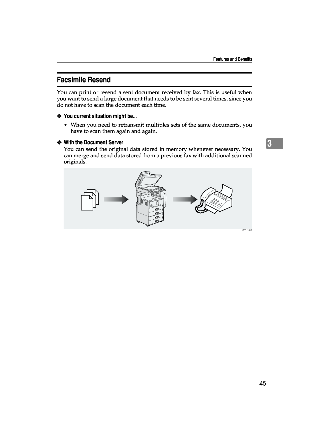 Lanier 5622 AG, 5627 AG manual Facsimile Resend, You current situation might be, With the Document Server, ZFFH100E 