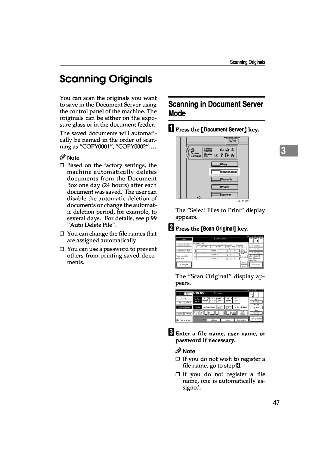Lanier 5622 AG, 5627 AG manual Scanning Originals, Scanning in Document Server Mode, B Press the Scan Original key 