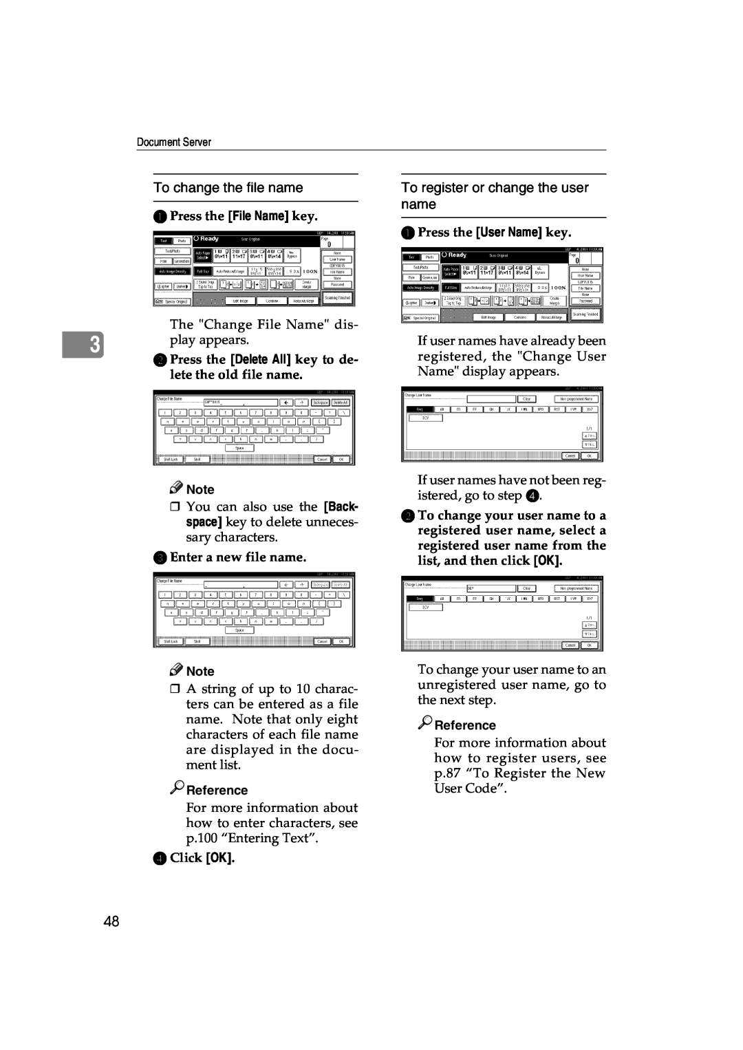 Lanier 5627 AG manual To change the file name, To register or change the user name, A Press the File Name key, D Click OK 