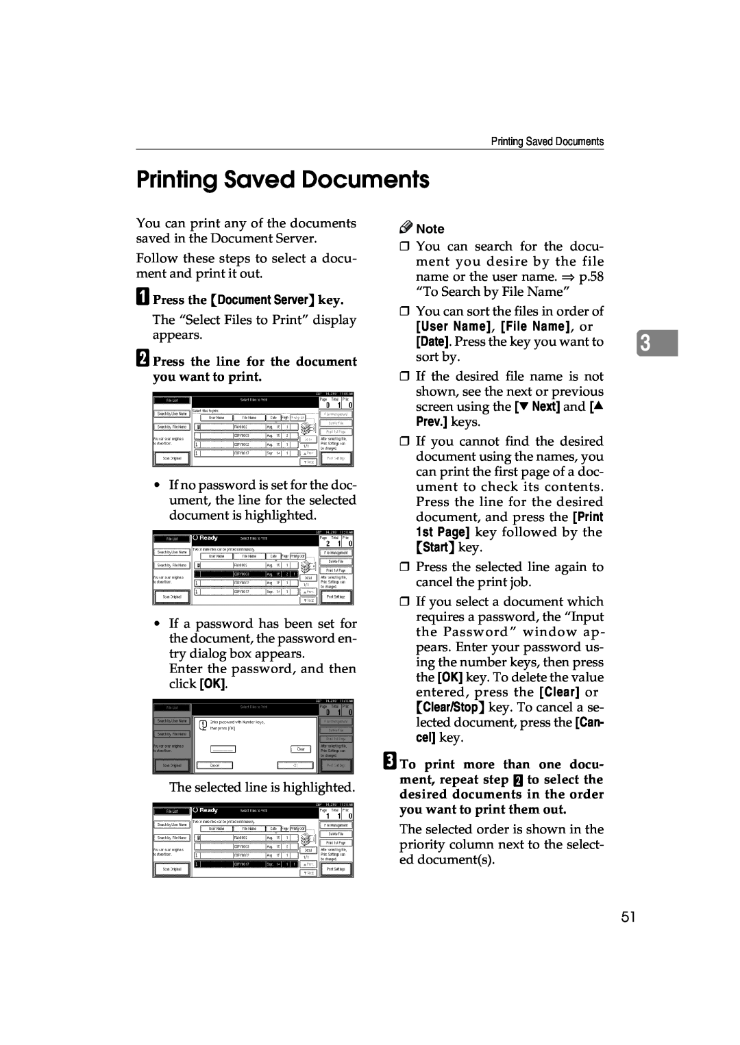 Lanier 5622 AG Printing Saved Documents, B Press the line for the document you want to print, User Name, File Name, or 