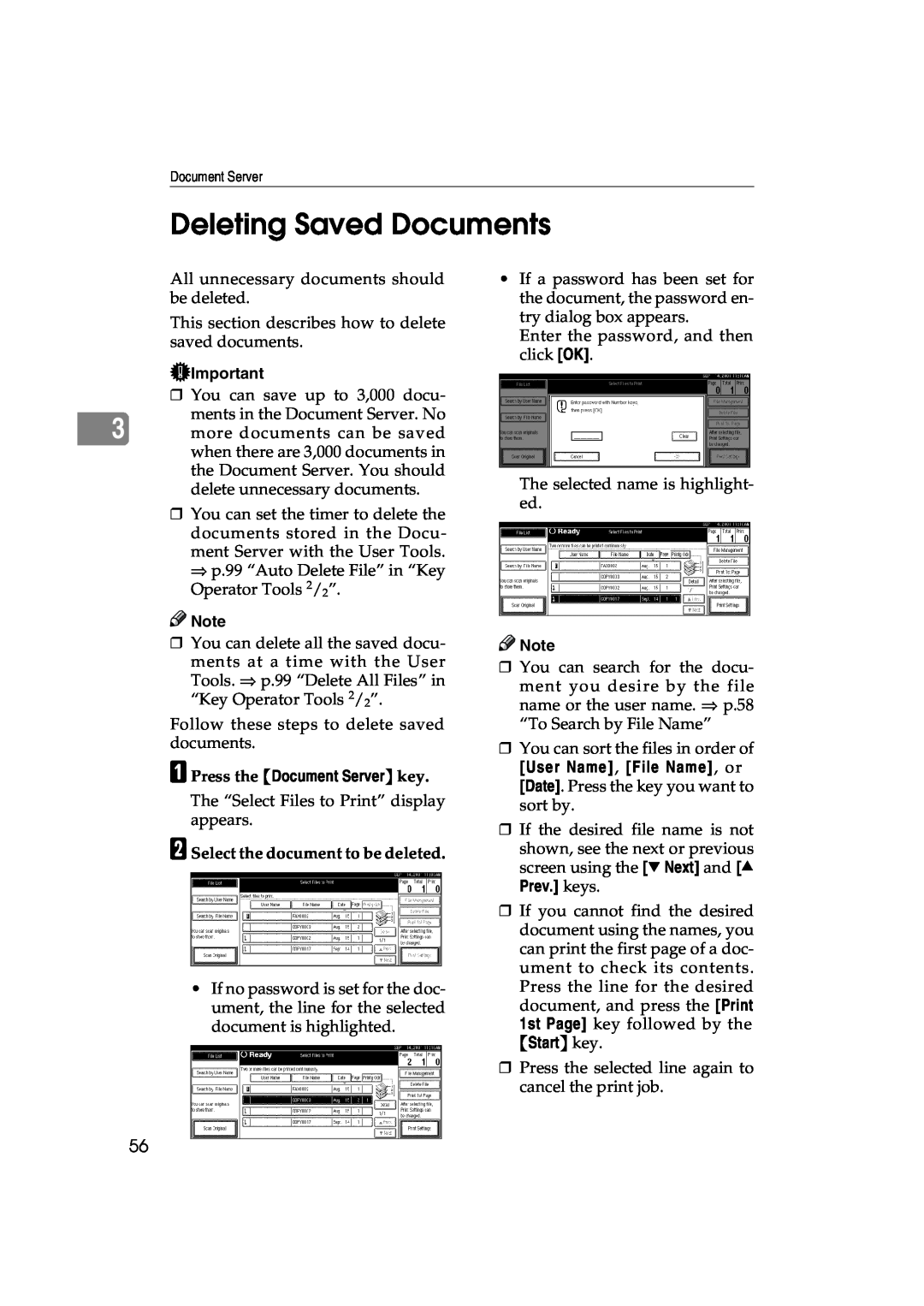 Lanier 5627 AG Deleting Saved Documents, B Select the document to be deleted, A Press the Document Server key, Prev. keys 