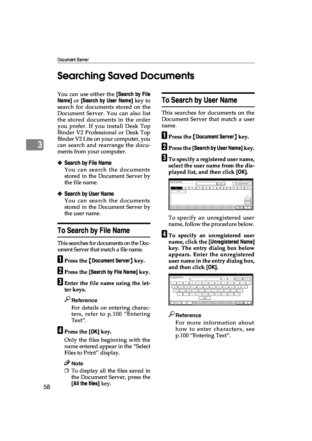 Lanier 5627 AG Searching Saved Documents, To Search by User Name, To Search by File Name, D Press the OK key, Reference 