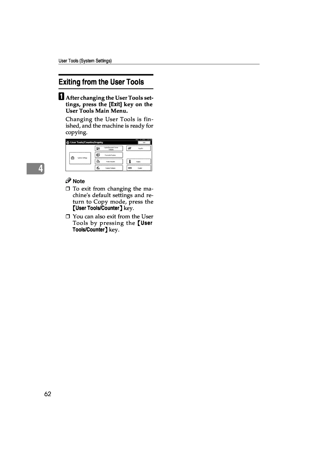 Lanier 5627 AG, 5622 AG manual Exiting from the User Tools, User Tools/Counter key, User Tools System Settings 