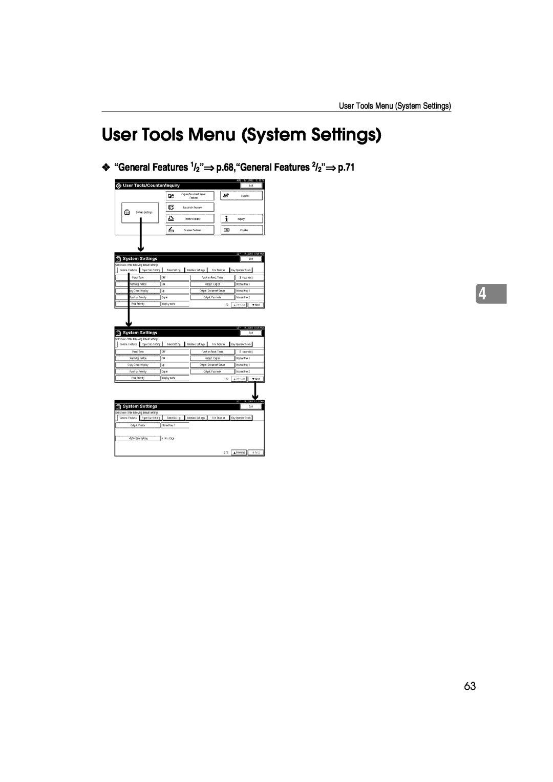 Lanier 5622 AG, 5627 AG manual User Tools Menu System Settings, “General Features 1/2”⇒ p.68,“General Features 2/2”⇒ p.71 