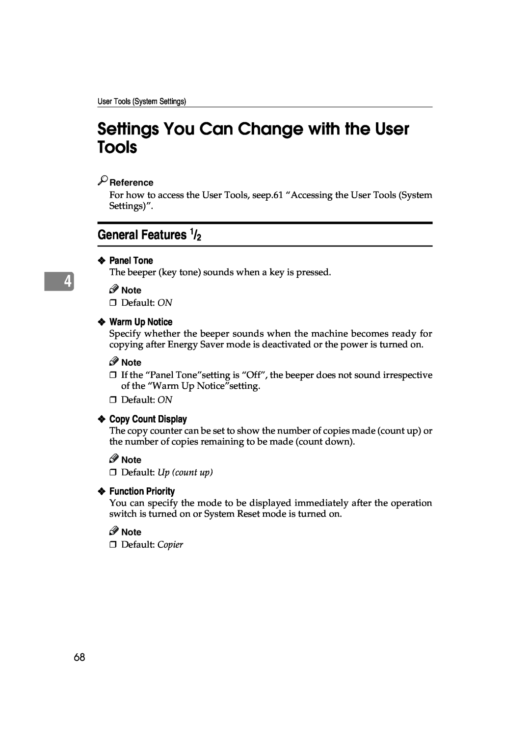 Lanier 5627 AG Settings You Can Change with the User Tools, General Features 1/2, Panel Tone, Warm Up Notice, Reference 