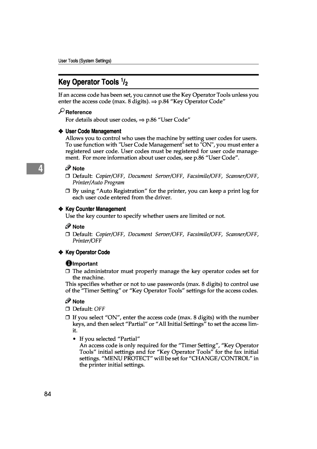 Lanier 5627 AG Key Operator Tools 1/2, User Code Management, Key Counter Management, Key Operator Code, Note, Reference 