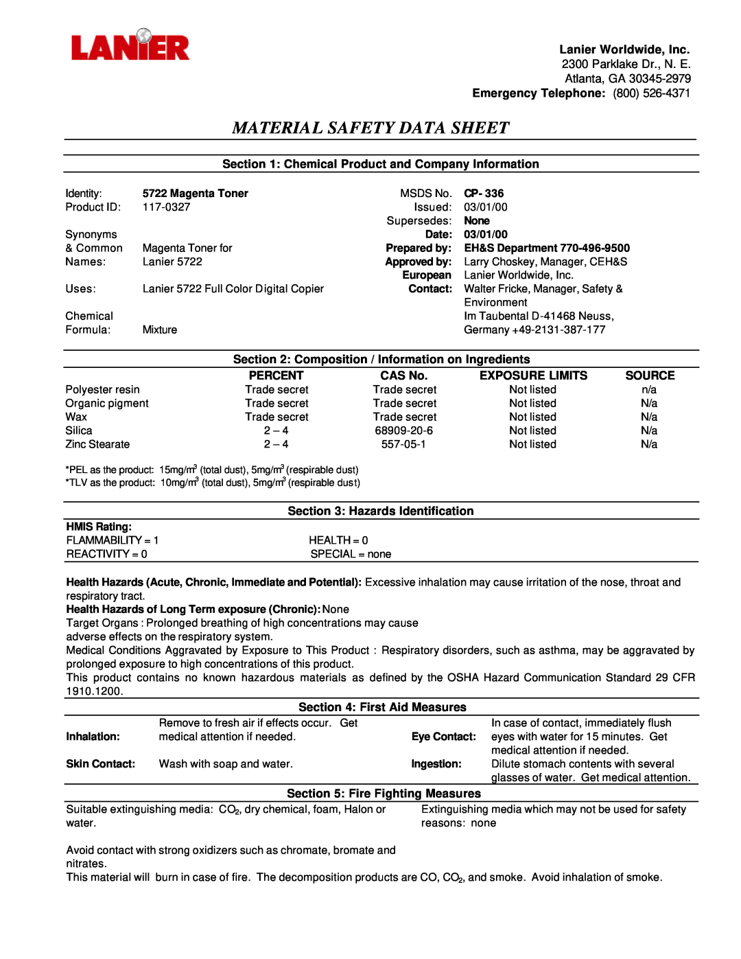 Lanier 5722 manual Material Safety Data Sheet 