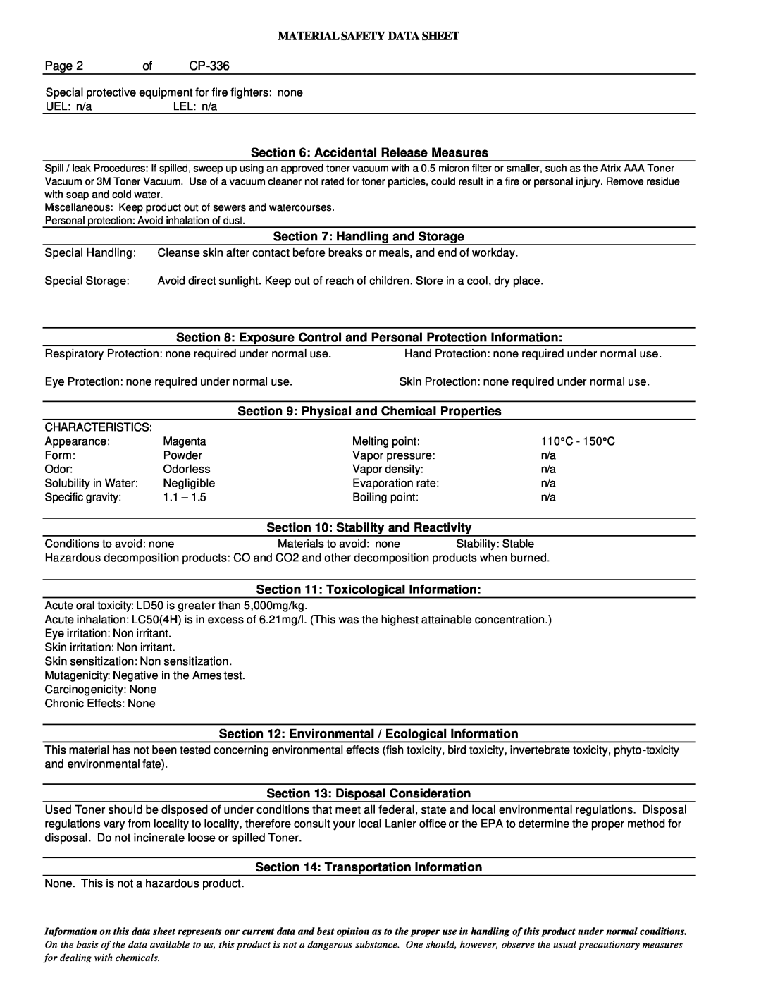 Lanier 5722 manual Material Safety Data Sheet, Page 2of CP-336, Accidental Release Measures, Handling and Storage 