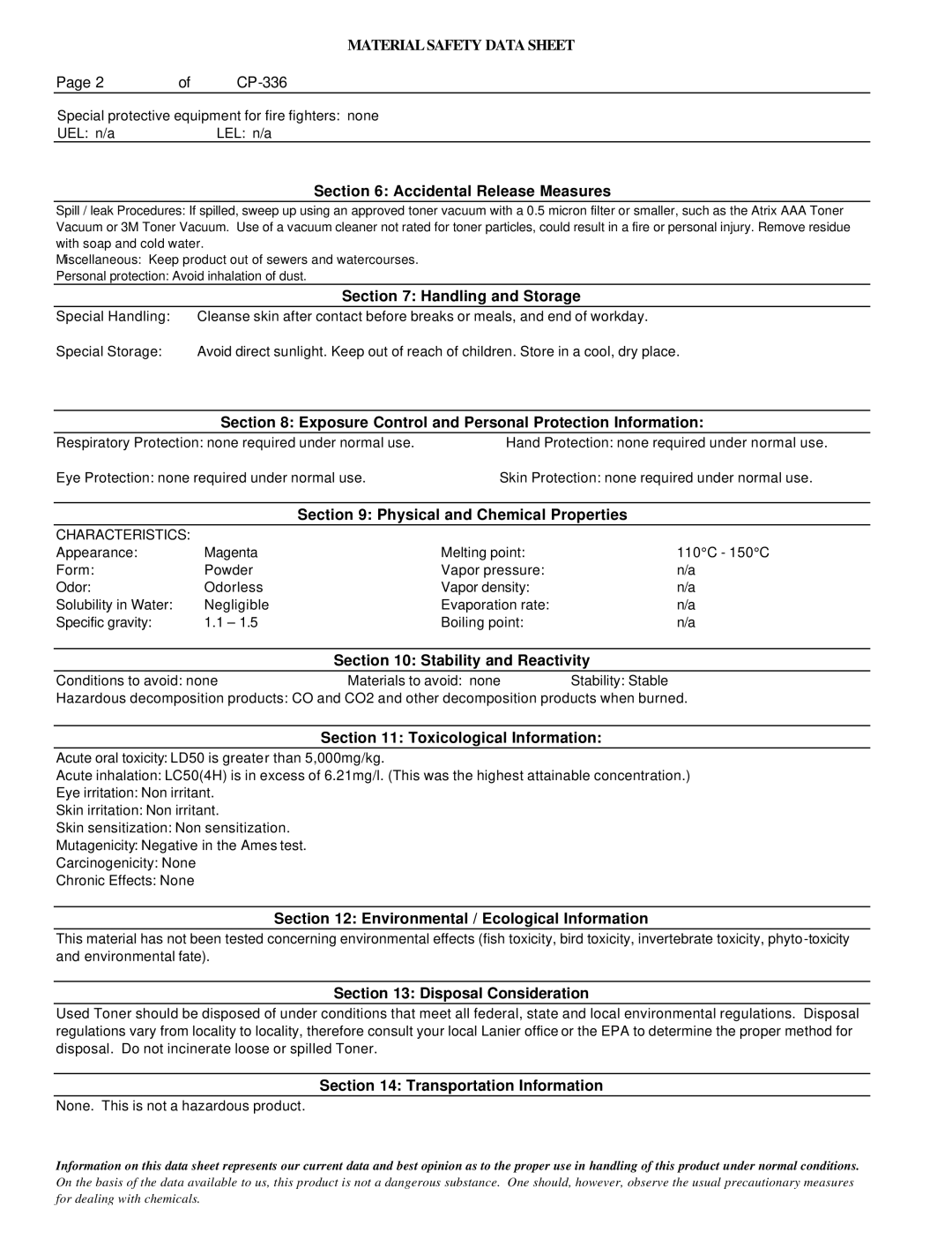 Lanier 5722 manual Accidental Release Measures, Handling and Storage, Exposure Control and Personal Protection Information 