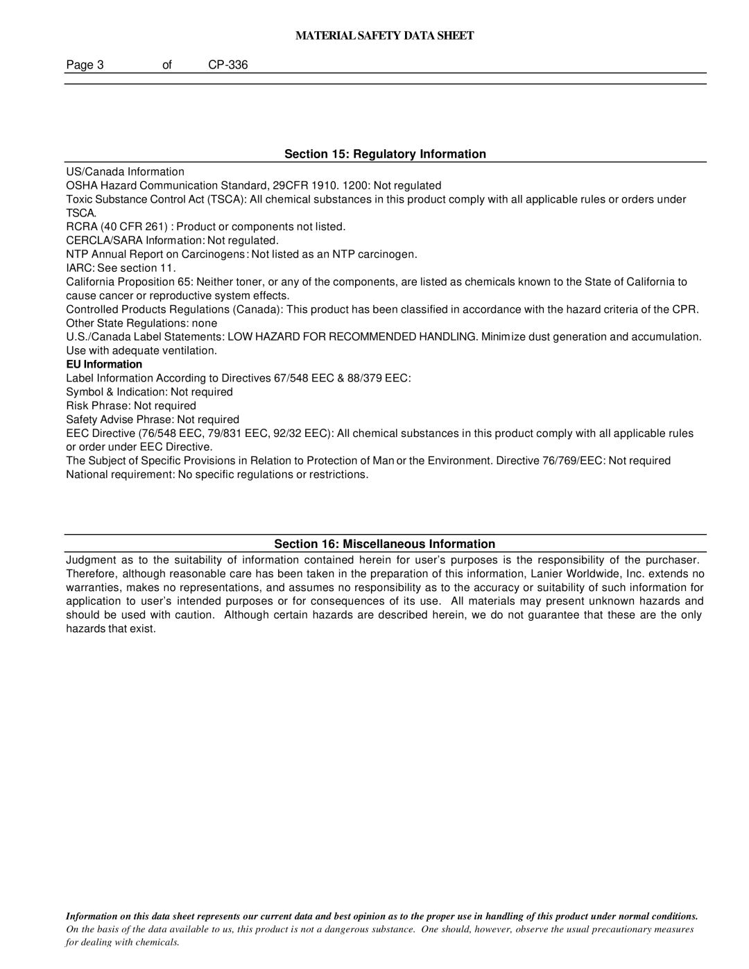 Lanier 5722 manual Regulatory Information, Miscellaneous Information, EU Information 