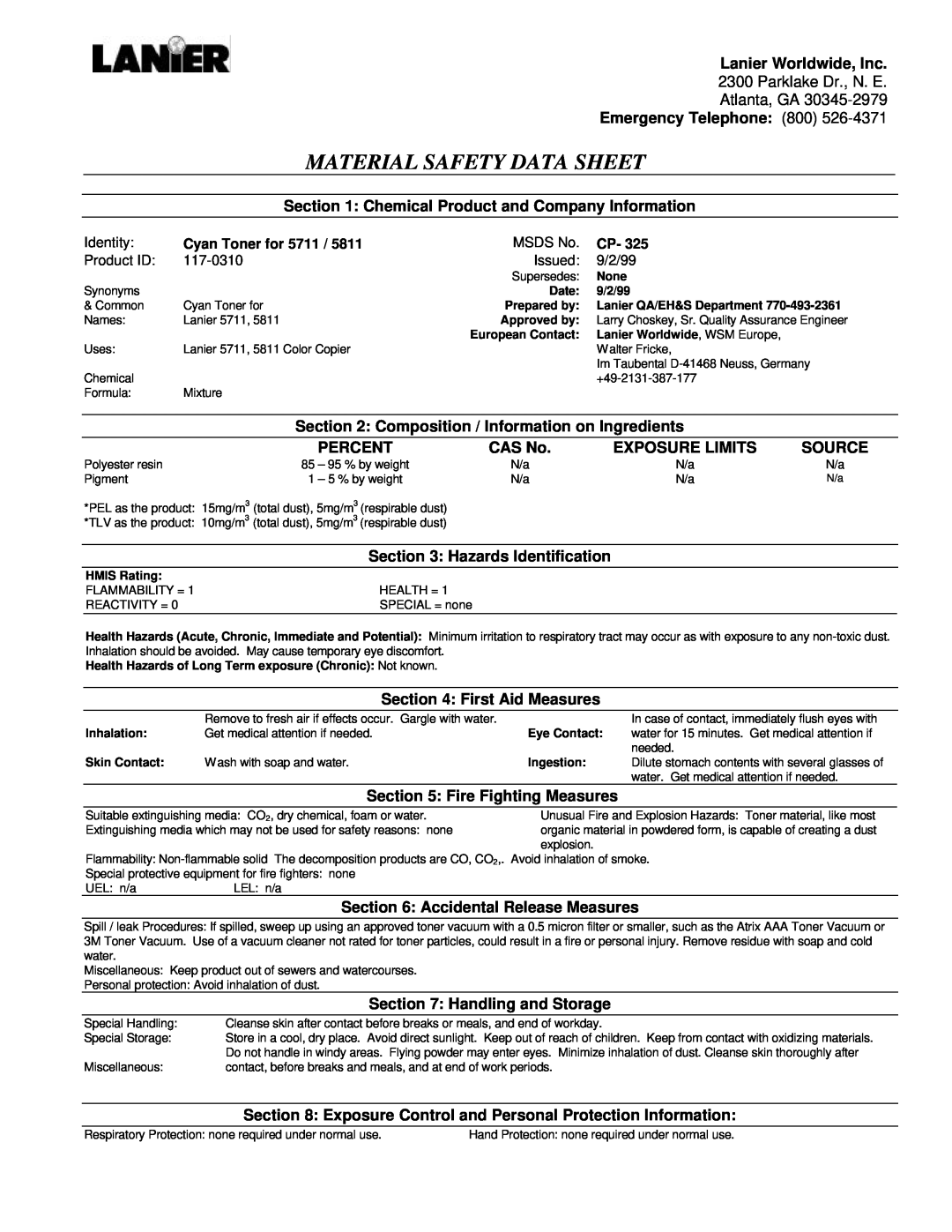 Lanier 5711, 5811 manual Material Safety Data Sheet 