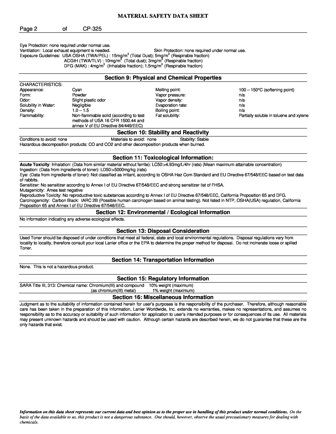 Lanier 5811, 5711 Page, CP-325, Material Safety Data Sheet, Physical and Chemical Properties, Stability and Reactivity 