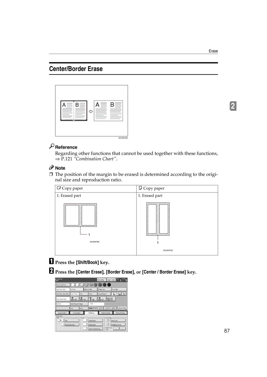 Lanier 5813 manual Center/Border Erase, ⇒ P.121 Combination Chart 