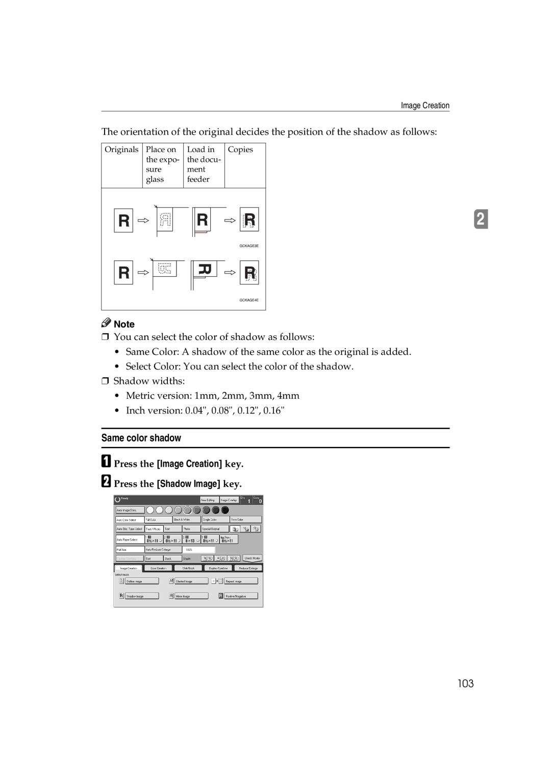 Lanier 5813 manual Same color shadow, 103, Press the Image Creation key Press the Shadow Image key 