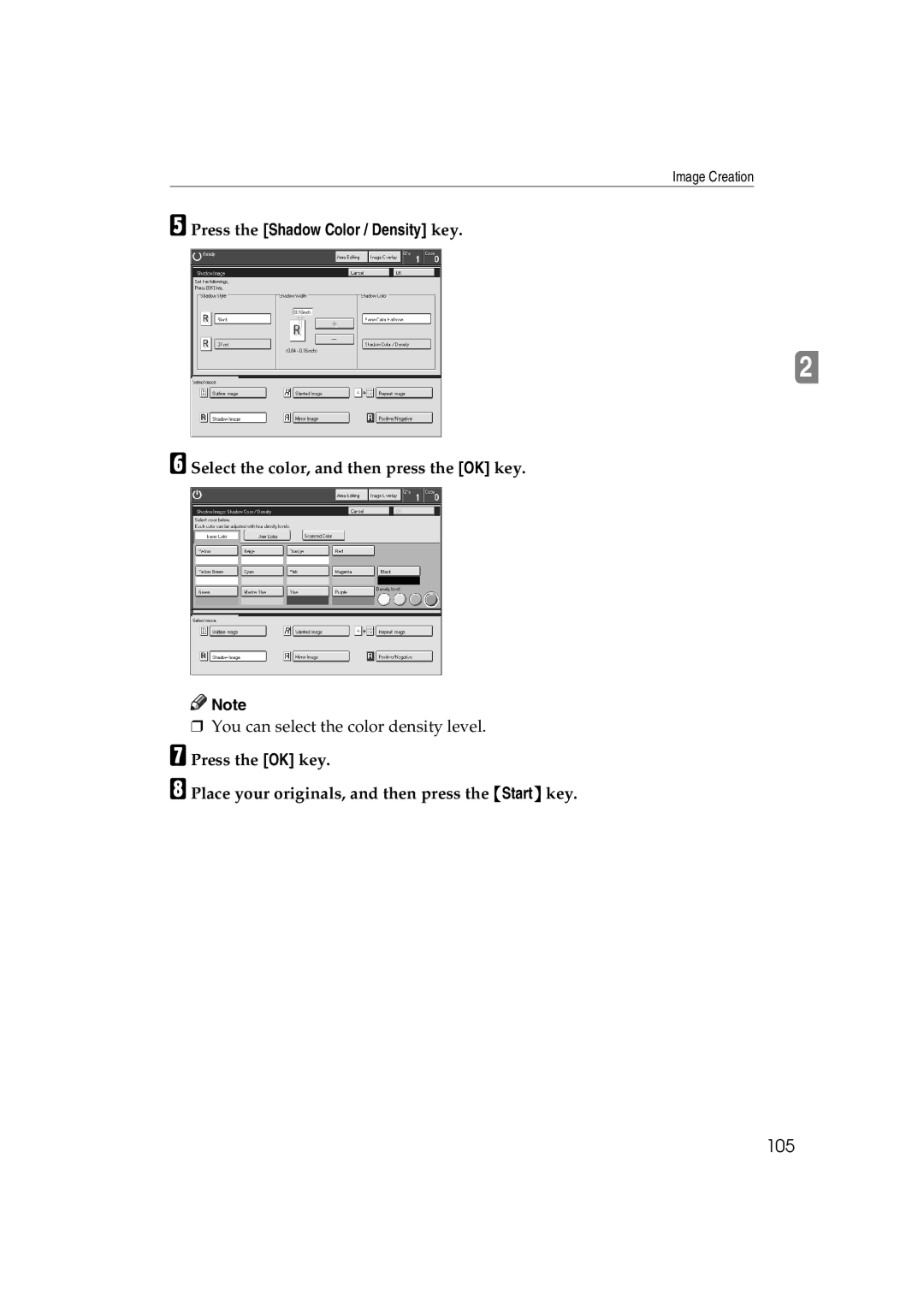 Lanier 5813 manual 105, Press the Shadow Color / Density key, Select the color, and then press the OK key 