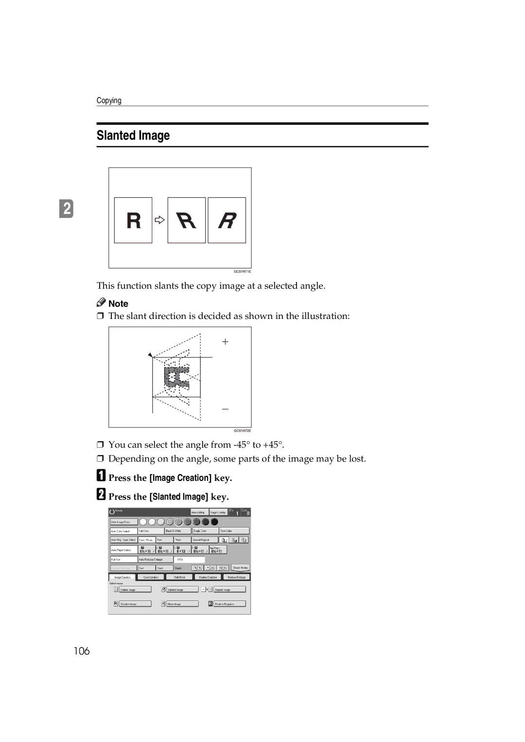 Lanier 5813 manual 106, Press the Image Creation key Press the Slanted Image key 