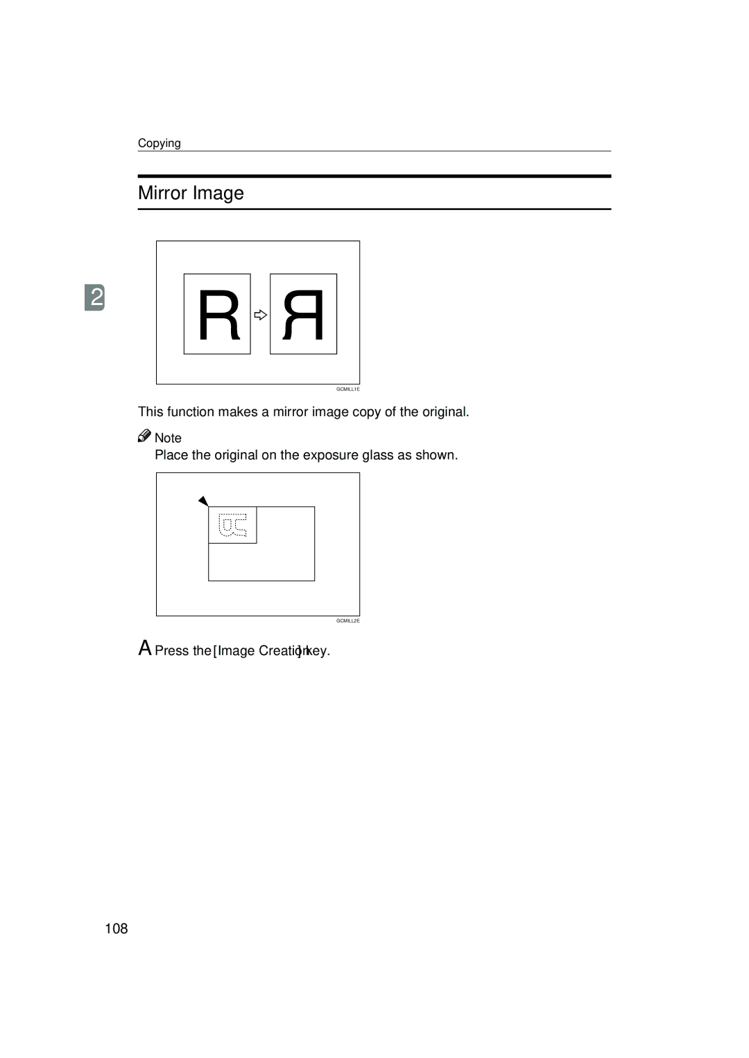 Lanier 5813 manual Mirror Image, 108, Press the Image Creation key 