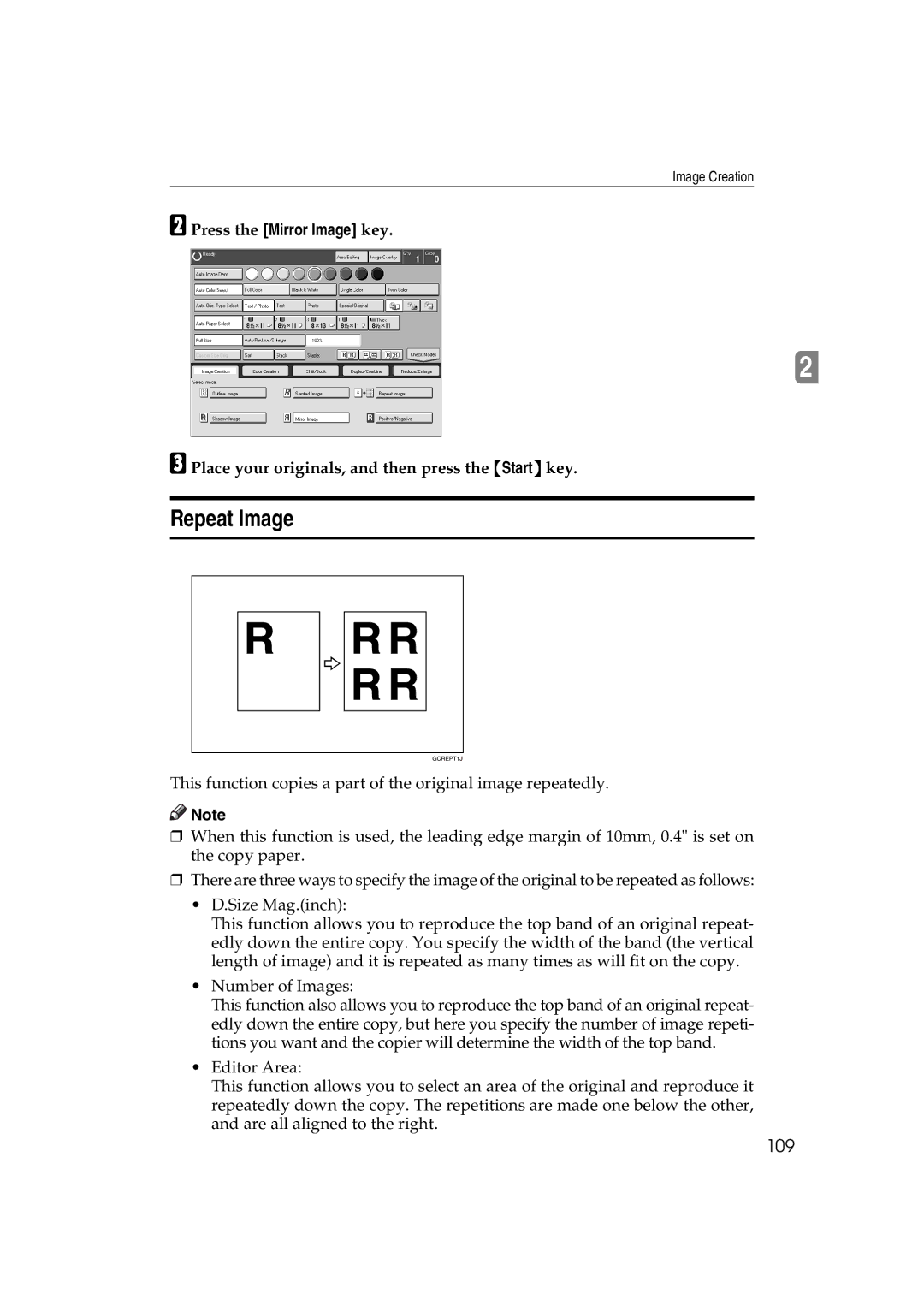 Lanier 5813 manual Repeat Image, 109, Press the Mirror Image key 