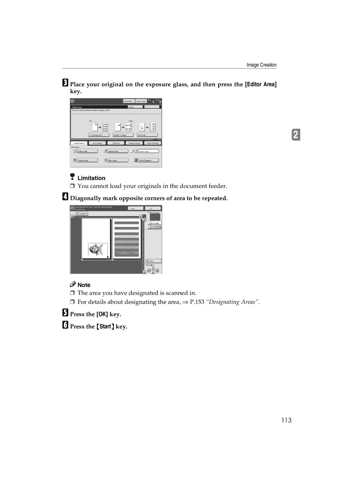 Lanier 5813 manual 113, Diagonally mark opposite corners of area to be repeated, Press the OK key Press the Start key 