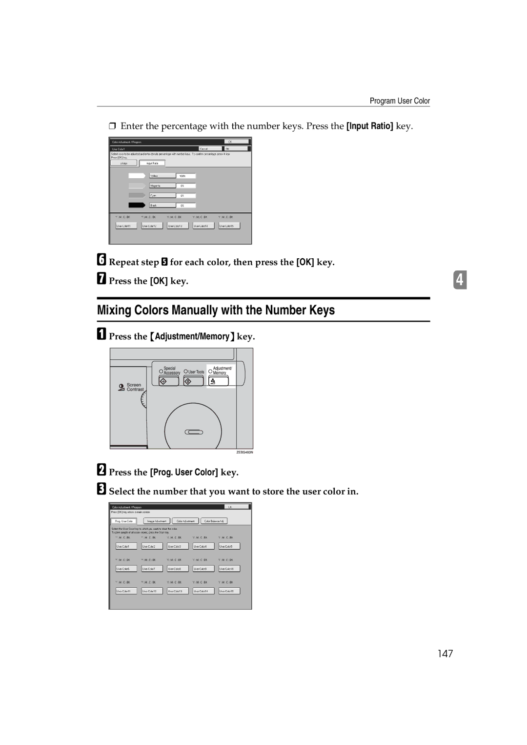 Lanier 5813 Mixing Colors Manually with the Number Keys, 147, Select the number that you want to store the user color 