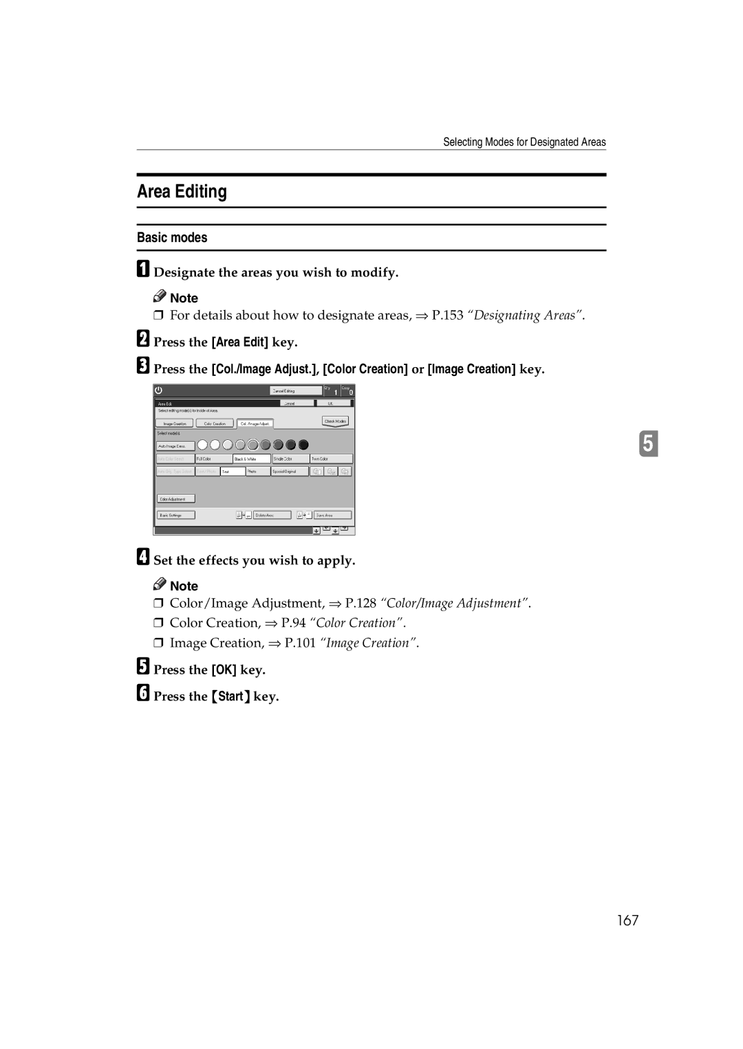 Lanier 5813 manual Area Editing, Basic modes, 167 