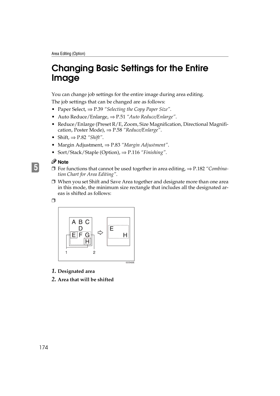 Lanier 5813 manual Changing Basic Settings for the Entire Image, 174, Designated area Area that will be shifted 