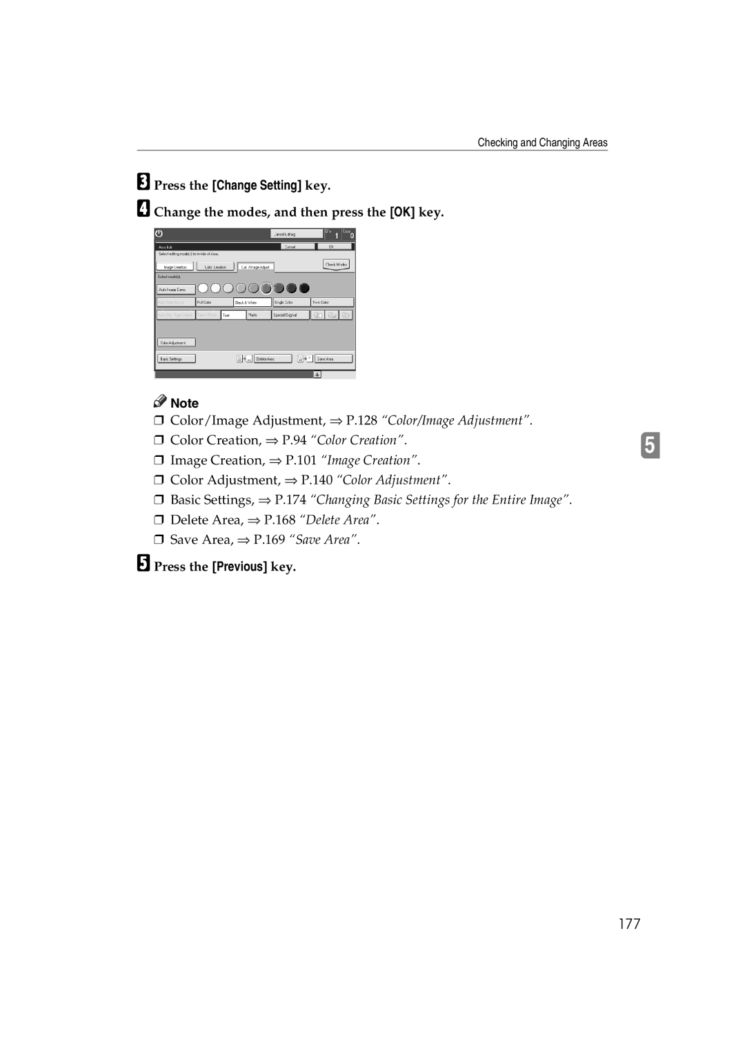 Lanier 5813 manual 177, Press the Change Setting key, Change the modes, and then press the OK key, Press the Previous key 