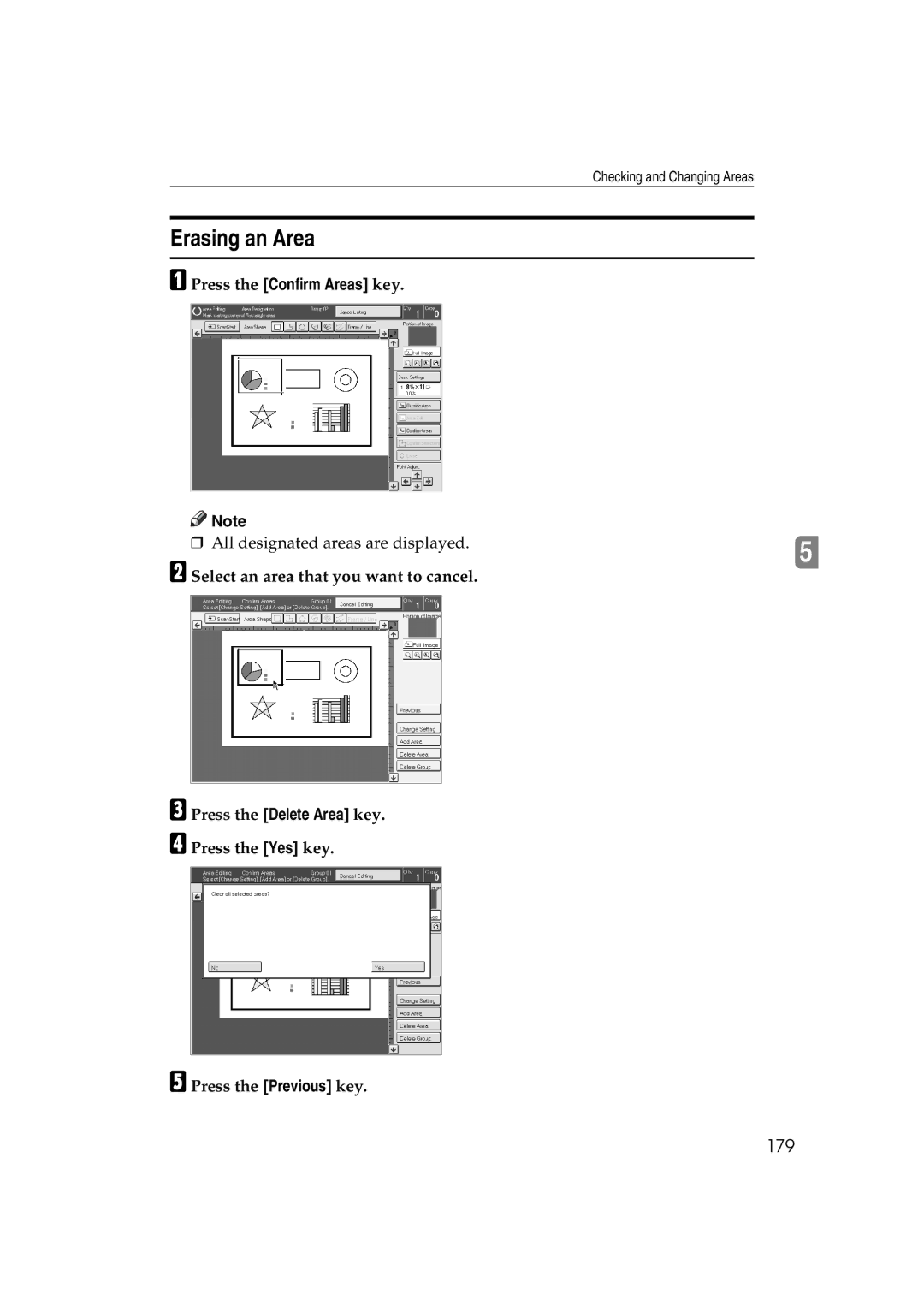 Lanier 5813 Erasing an Area, 179, Select an area that you want to cancel, Press the Delete Area key. Press the Yes key 