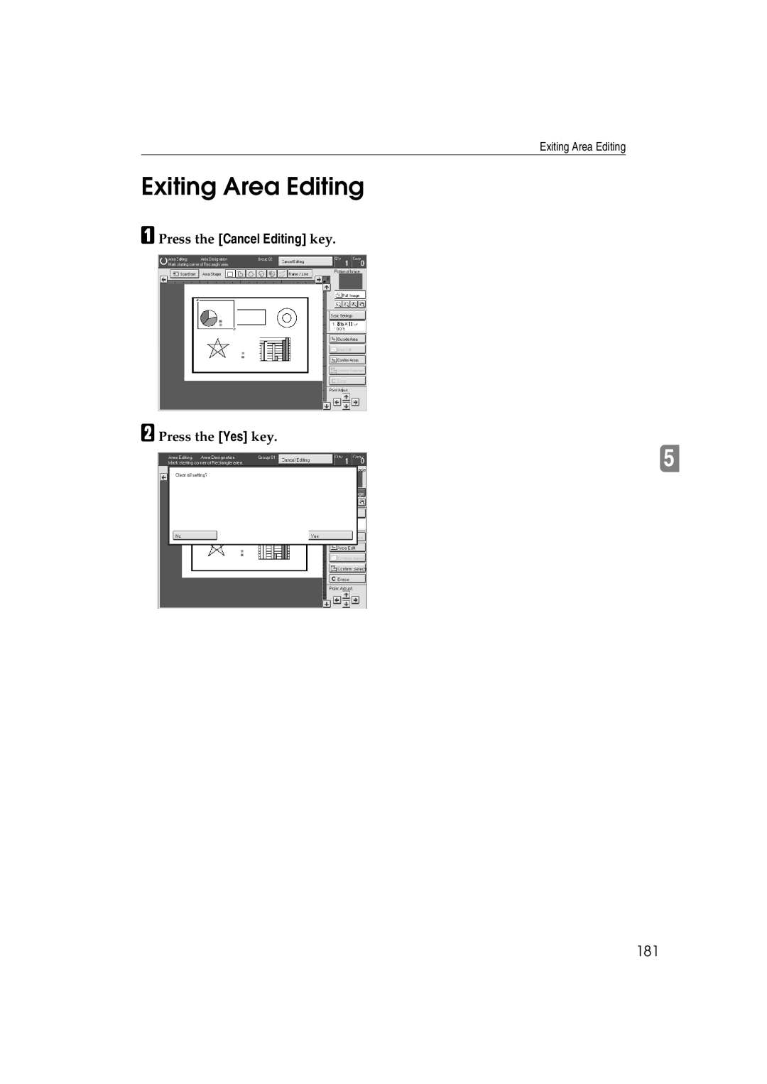 Lanier 5813 manual Exiting Area Editing, 181, Press the Cancel Editing key, Press the Yes key 