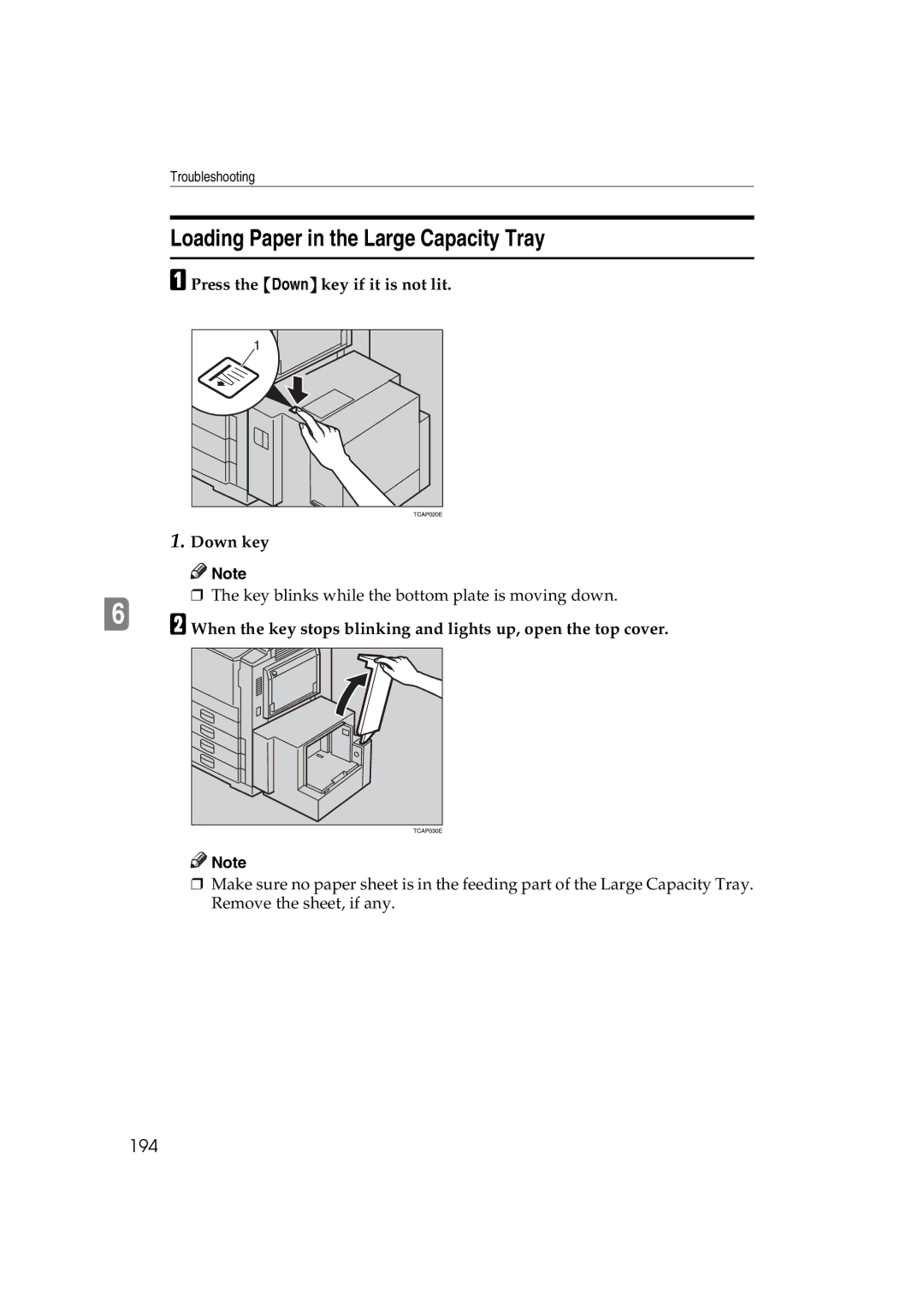 Lanier 5813 manual Loading Paper in the Large Capacity Tray, 194, Press the Down key if it is not lit 