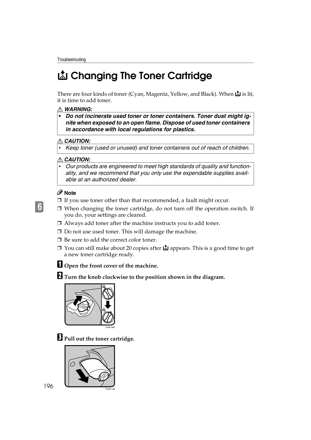 Lanier 5813 manual Changing The Toner Cartridge, 196 