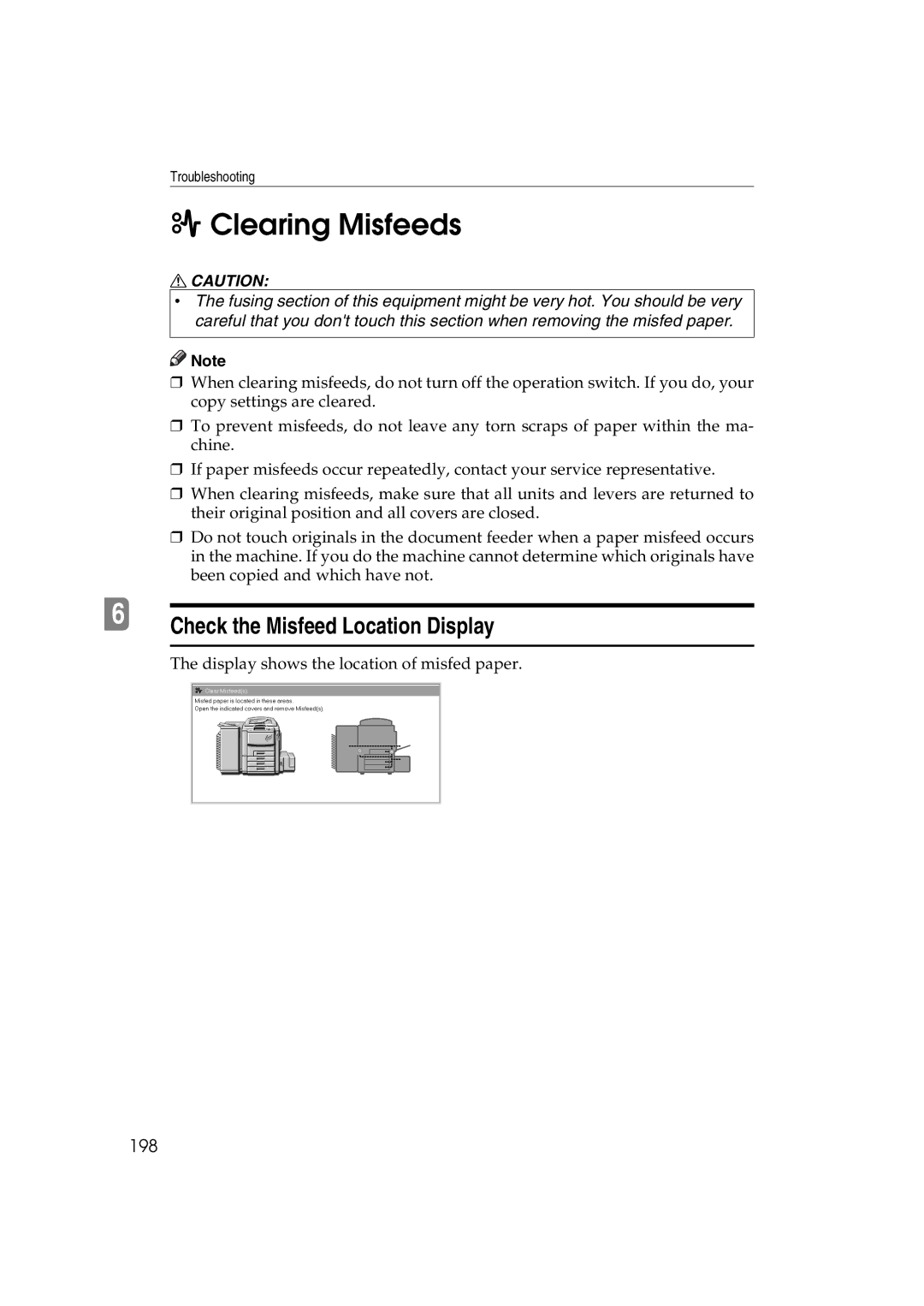 Lanier 5813 manual Clearing Misfeeds, Check the Misfeed Location Display, 198 