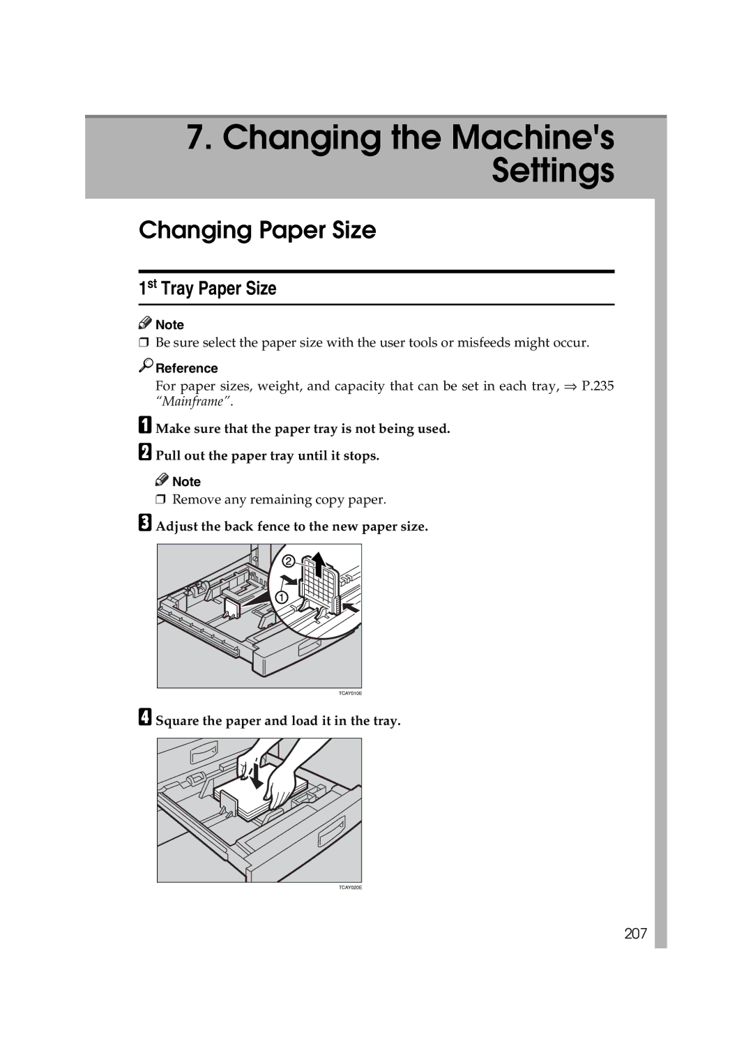 Lanier 5813 manual Changing Paper Size, 1st Tray Paper Size, 207 