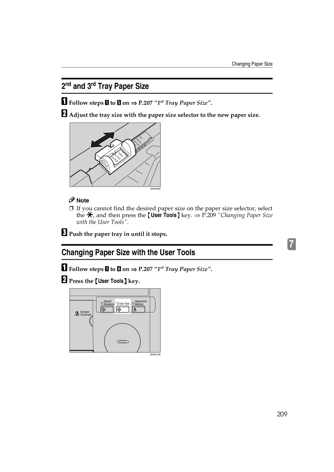 Lanier 5813 manual 2nd and 3rd Tray Paper Size, Changing Paper Size with the User Tools, 209 