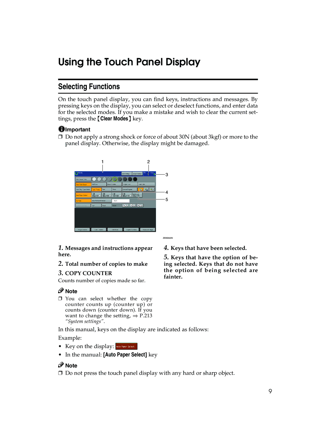 Lanier 5813 manual Using the Touch Panel Display, Selecting Functions, Manual Auto Paper Select key 