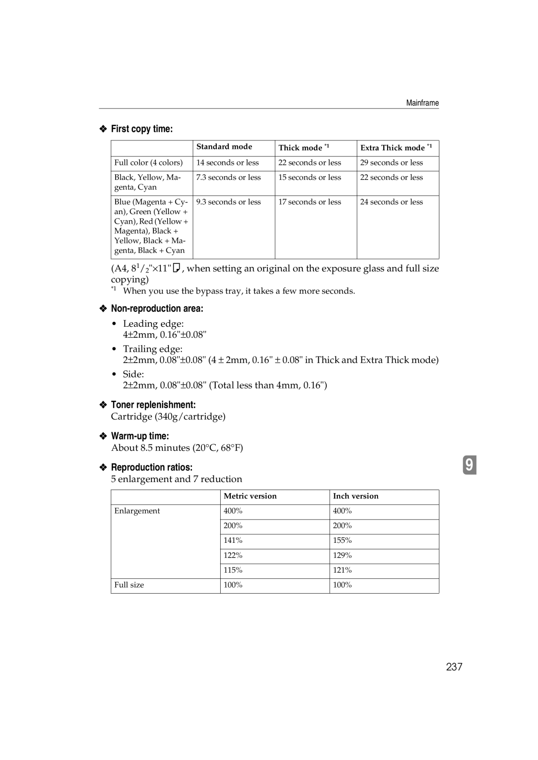 Lanier 5813 manual First copy time, Non-reproduction area, Toner replenishment, Warm-up time, Reproduction ratios 