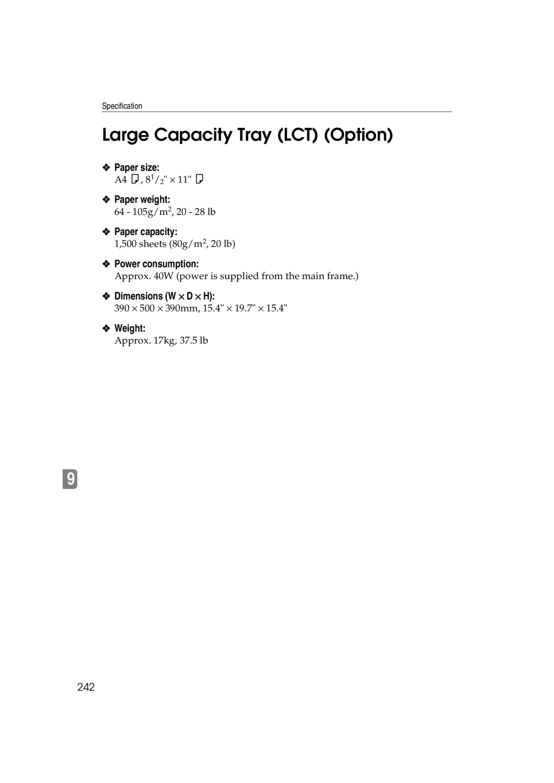 Lanier 5813 manual Large Capacity Tray LCT Option, Paper size, Paper weight, Paper capacity, 242 