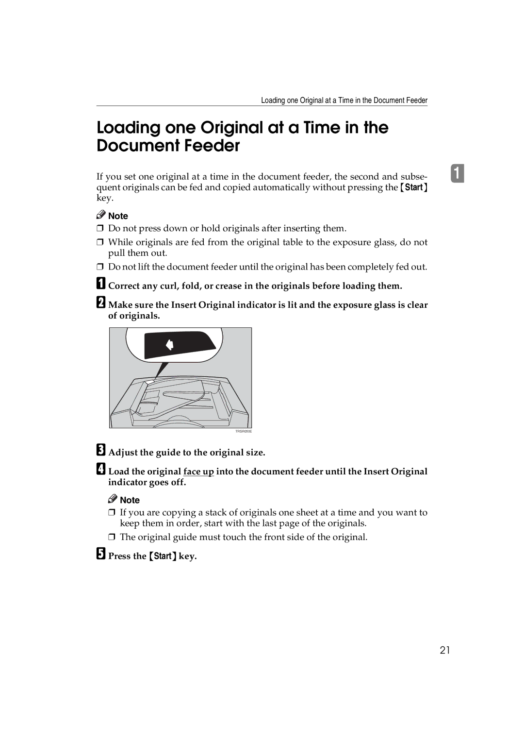 Lanier 5813 manual Loading one Original at a Time in the Document Feeder, Press the Start key 