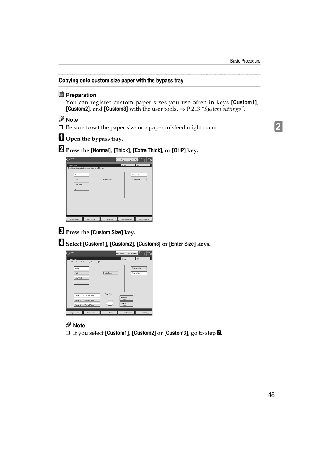 Lanier 5813 manual Copying onto custom size paper with the bypass tray, Press the Custom Size key 