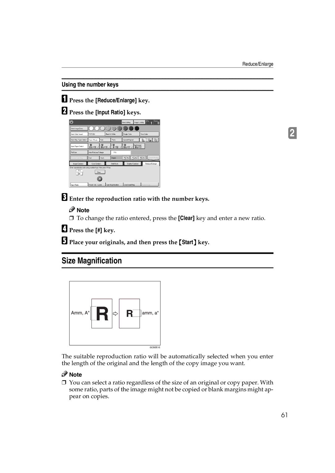 Lanier 5813 manual Size Magnification, Using the number keys, Enter the reproduction ratio with the number keys 