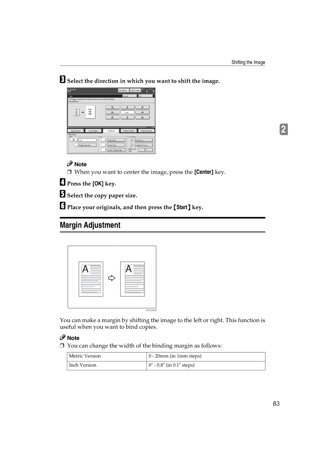 Lanier 5813 manual Margin Adjustment, Select the direction in which you want to shift the image 